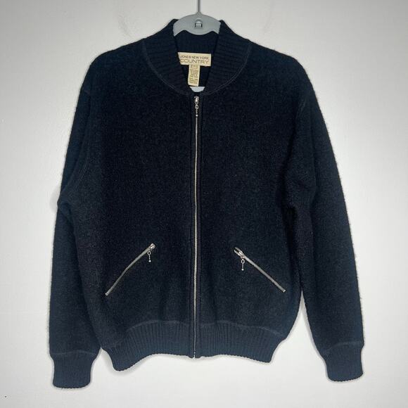 Vintage Black Boucle Wool Bomber Jacket Full Zip Womens Small Pockets Streetwear - Picture 2 of 11